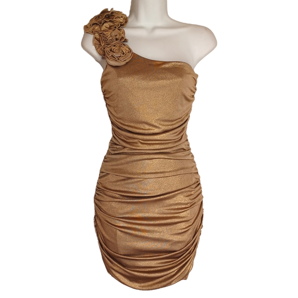 FOREVER 21 Gold Metallic Shimmer Floral One Shoulder Ruching Bodycon Dress